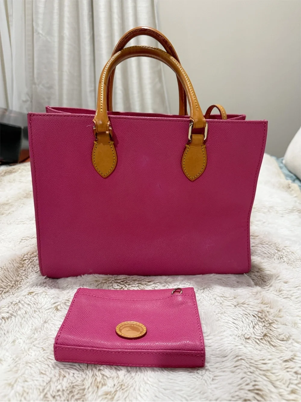 Dooney & Bourke PINK Tote with Tan Leather Handles & matching wallet.